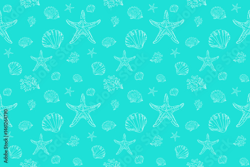 Vector seamless pattern with seashells, starfish and coral.