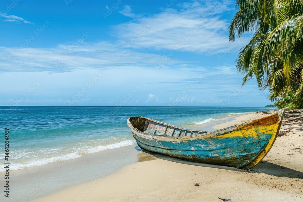 Wooden boat on tropical beach. Sunny day