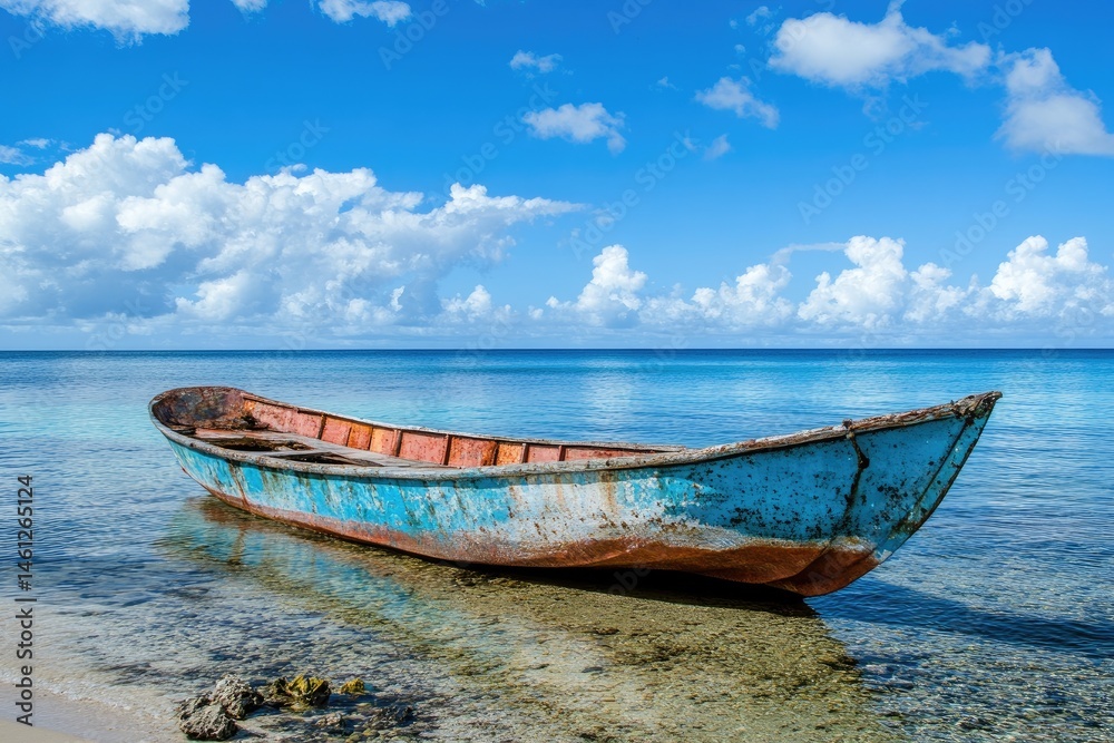 Abandoned fishing boat on a tranquil shoreline