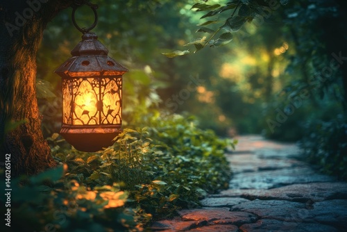 Enchanted garden path at twilight.  A lantern glows brightly, illuminating a stone pathway amidst lush foliage