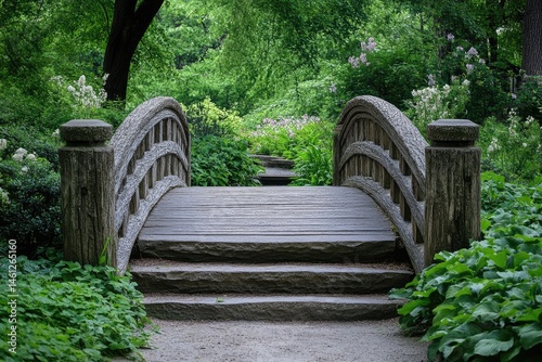 Wooden bridge in a lush garden, tranquil scene