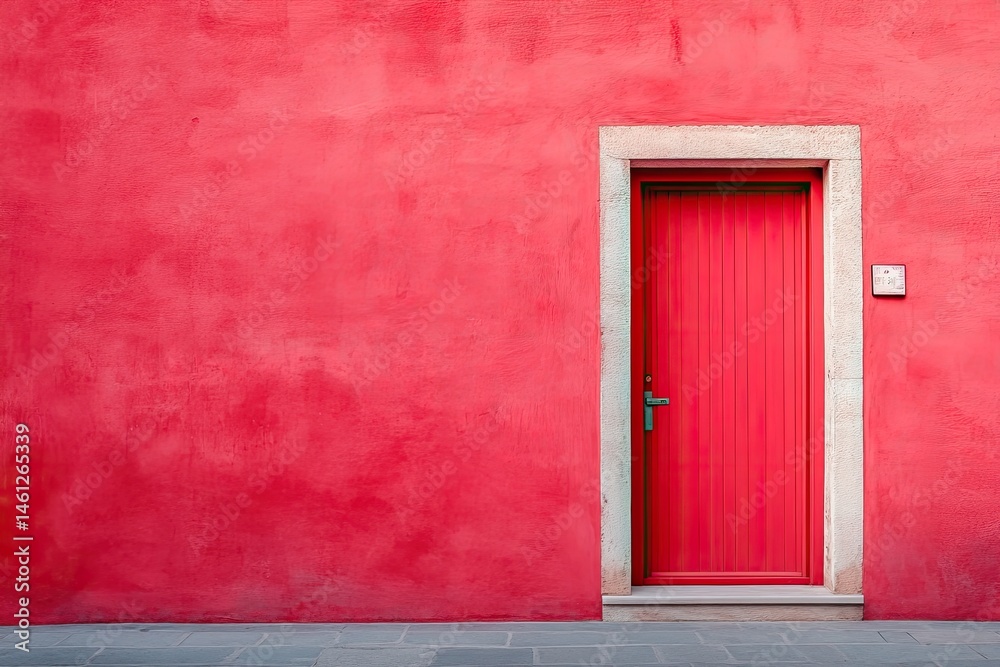 Vibrant red wall with a single red door. Simple facade