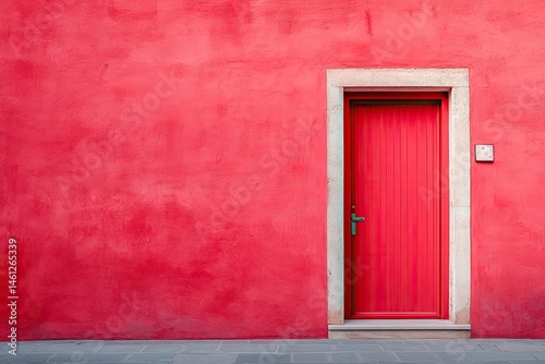 Obraz na płótnie Vibrant red wall with a single red door. Simple facade w salonie