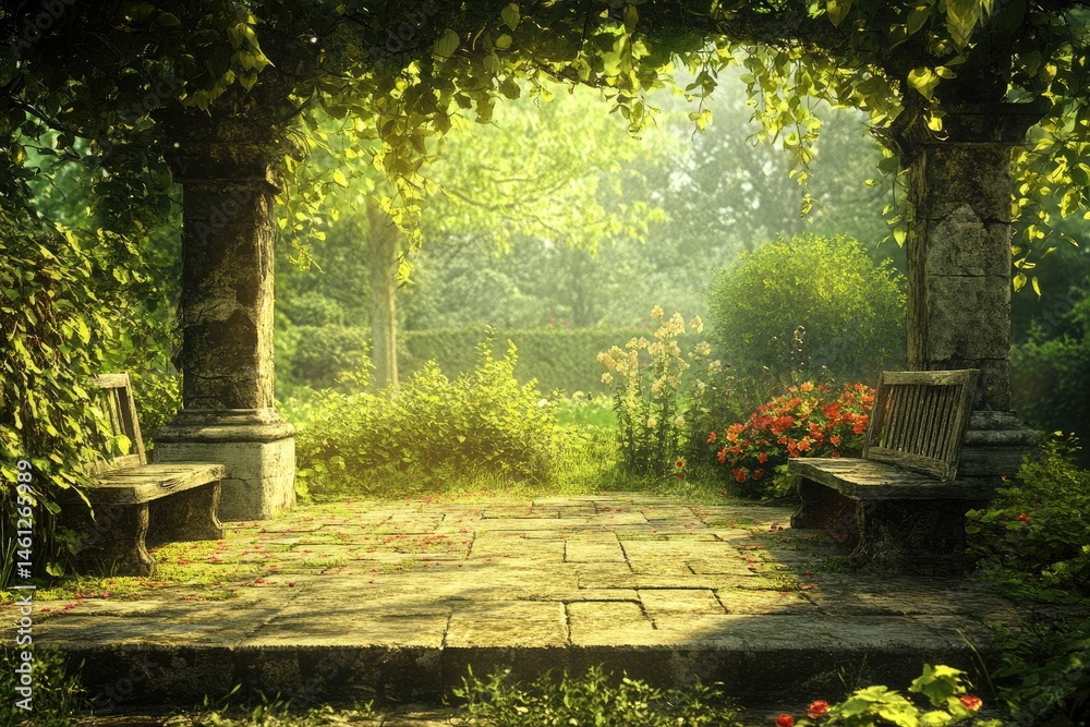 Tranquil garden alcove bathed in morning sunlight
