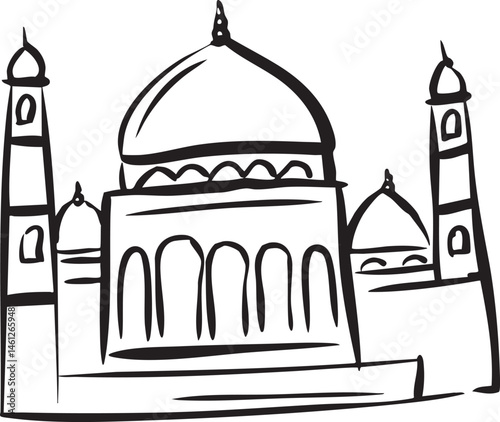 A black and white depicts a majestic mosque with soaring minarets.