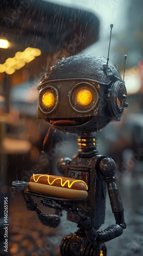 Robot waiter serves a hot dog in the rain with glowing mustard design