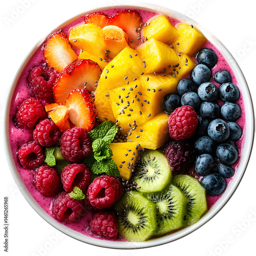Crystal clear image of a colorful and healthy smoothie bowl, cut out graphic suitable for food packaging, nutritional guides, or promoting healthy lifestyle choices, professional quality photo