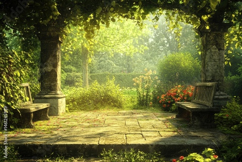Tranquil garden alcove bathed in morning sunlight