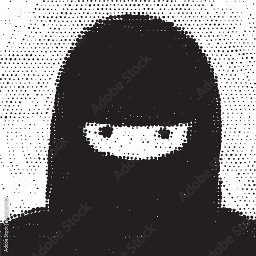 A black veiled face is partially obscured against a speckled background.