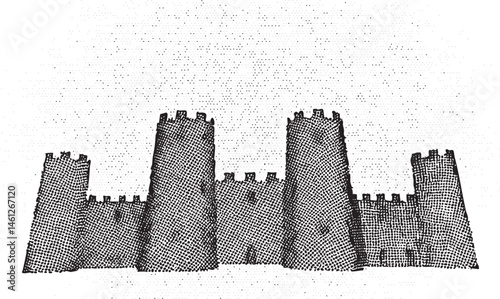 A row of dark textured towers stands against a speckled background.