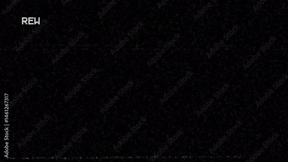 Rewind  REW Analog TV Old VHS Display on black background. 4K Video