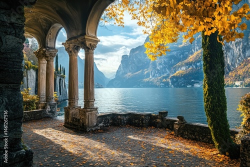 Lakefront colonnade in autumn. Golden leaves, arching columns, tranquil lake