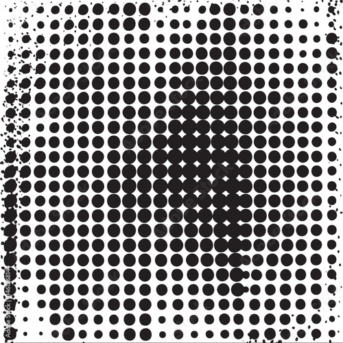A densely packed grid of black and white circles gradually fades into a blurred