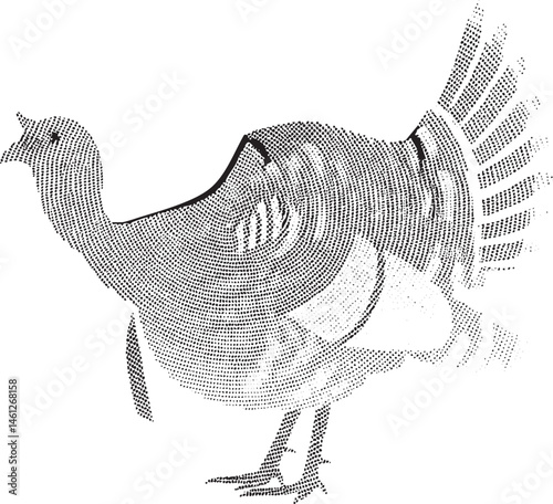 A solitary bird stands gracefully in a profile view rendered with a textured dot