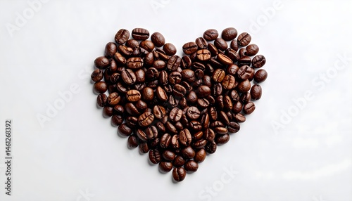 Flat lay of coffee beans arranged in heart shape on white surface, hyper-realistic, isolated, high resolution