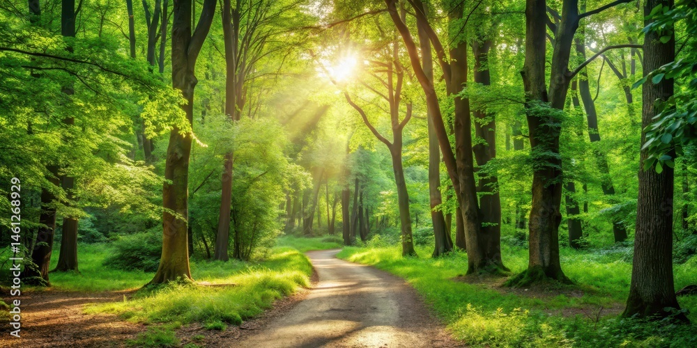 Obraz premium Serene forest trail with lush greenery and sunlight filtering through trees