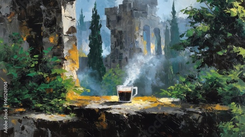 Impasto painting of steaming coffee cup on stone ledge with lush greenery and ancient ruins in background