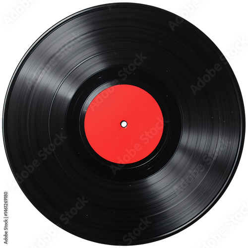 A black vinyl record, with a red label. isolated on transparent background