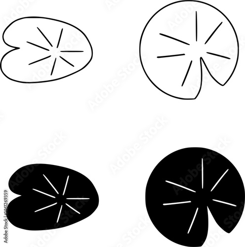 Lily Pad Leaf Silhouette Set – Flat Vector Lotus or Water Lily Leaves with Black Outlines, Lilipad leaf Isolated on Transparent Background