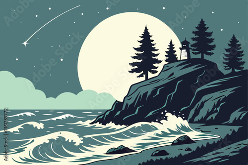 54 Night ocean scene, giant full moon, crashing waves, rocky cliff, silhouetted pine trees, starry sky, wispy clouds, dramatic lighting, vibrant colors, digital illustration style, panoramic view, ser