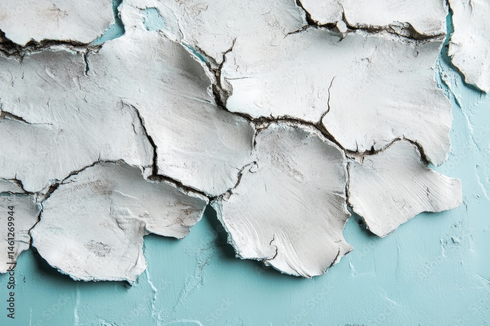 Obraz premium Close-up view of cracked white material on a light teal background.