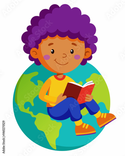 Happy Child Reading Book Sitting on Earth Globe Cartoon Illustration