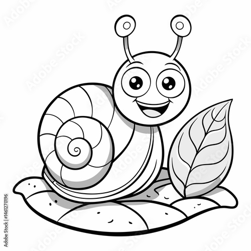 Happy Cartoon Snail on a Leaf Coloring Page Illustration