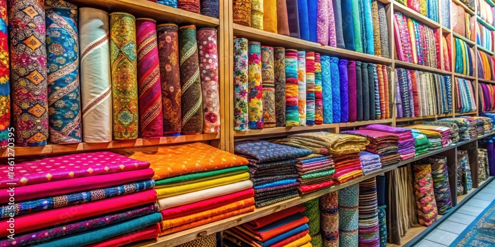 Vibrant textiles on display in a fabric shop environment, interior design, textile Vibrant textiles on display in a fabric shop environment, interior design, textile