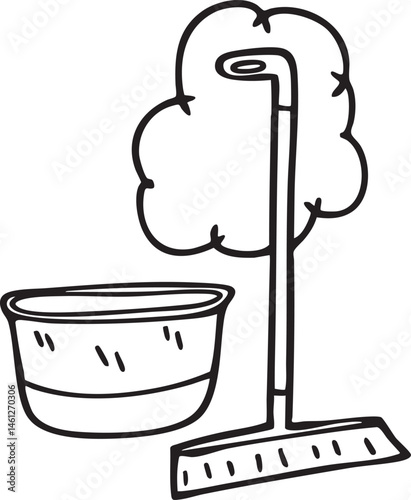 A black and white depicts a bucket filled with water and a broom resting on the floor.