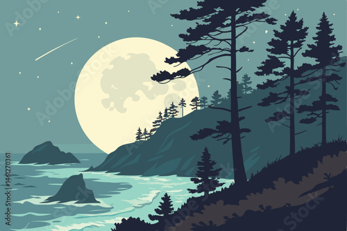 54 Night ocean scene, giant full moon, crashing waves, rocky cliff, silhouetted pine trees, starry sky, wispy clouds, dramatic lighting, vibrant colors, digital illustration style, panoramic view, ser