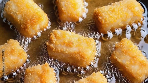Closeup of fried chicken nuggets in the hot oil