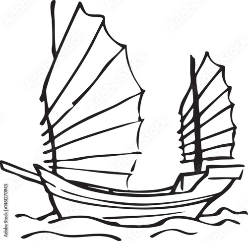 A traditional sailboat glides across a calm body of water.