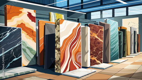 Polished slabs of granite and marble stone on display, countertops, flooring, wide