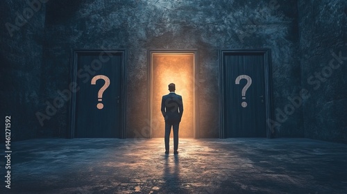 A businessman choosing between two doors, one marked with a question mark, dramatic lighting