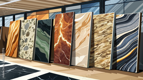 Polished slabs of granite and marble stone on display, countertops, flooring, wide