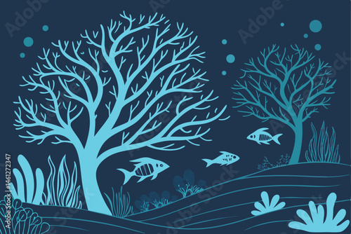 55 Underwater scene, coral reef, stylized trees, neon blue colors, dark background, bioluminescent fish, layered waves, surreal landscape, digital art, minimalist design, ocean floor, aquatic vegetati