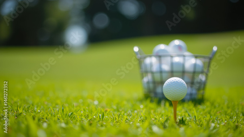 Golf Ball on Tee with Metal Basket Full of Golf Balls on Green Grass Course