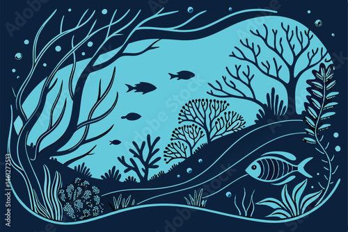 55 Underwater scene, coral reef, stylized trees, neon blue colors, dark background, bioluminescent fish, layered waves, surreal landscape, digital art, minimalist design, ocean floor, aquatic vegetati