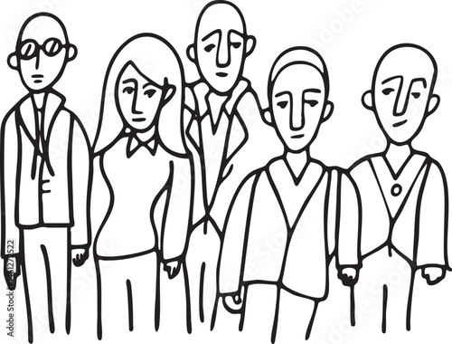 Five diverse individuals stand in a row presenting a formal demeanor.