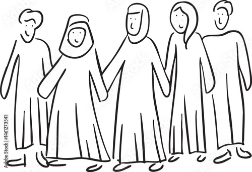 Five diverse individuals stand together holding hands in a supportive group.