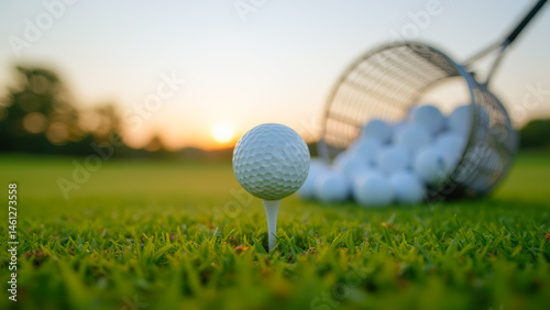 Golf Ball on Tee with Sunlit Background and Golf Balls in a Basket at Dusk