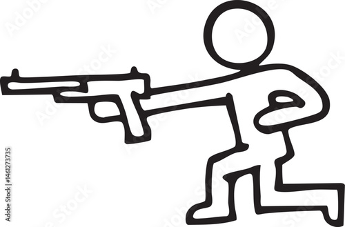 A stick figure points a firearm towards the viewer.