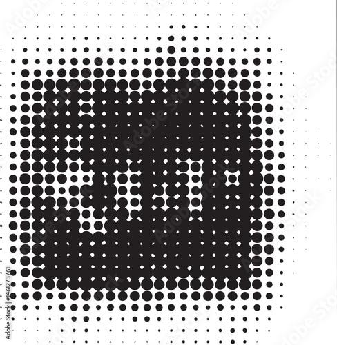 A grayscale portrait emerges from a dense field of dots.