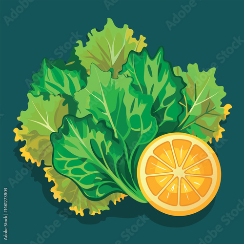 Fresh greens with a lemon slice.