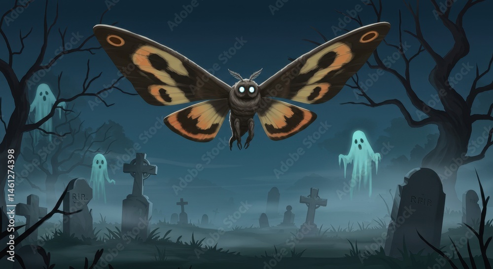 Fototapeta premium Mothman's Night Flight Over Spooky Graveyard