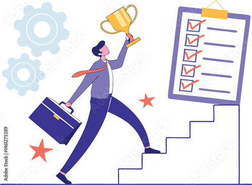 Habits or routine to success, checklist or factors to succeed and achieve goal, winner progress, planning, procedure or process concept, success businessman holding winner trophy with habit checklist.