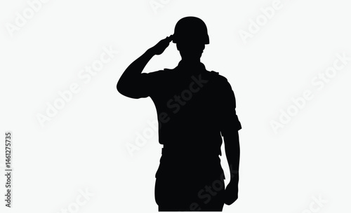 Soldier saluting silhouette, black and white, military salute figure, army man silhouette, soldier outline vector icon