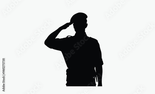 Soldier saluting silhouette, black and white, military salute figure, army man silhouette, soldier outline vector icon