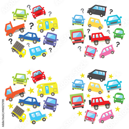 circle icon gallery of various car - color medium size version - question mark and star