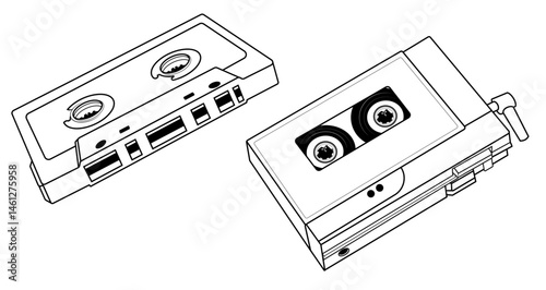 Outline Old vintage Audio Cassette Player tape music retro Line Art illustration